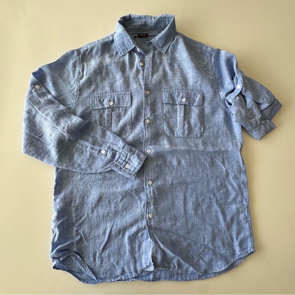 ISLAND COMPANY Linen Pilot Shirt Buttondown Tab Sleeve Blue Chambray Small